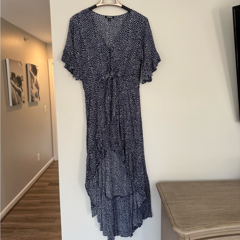 Express Blue and White High-Low Sundress with Flutter Sleeves